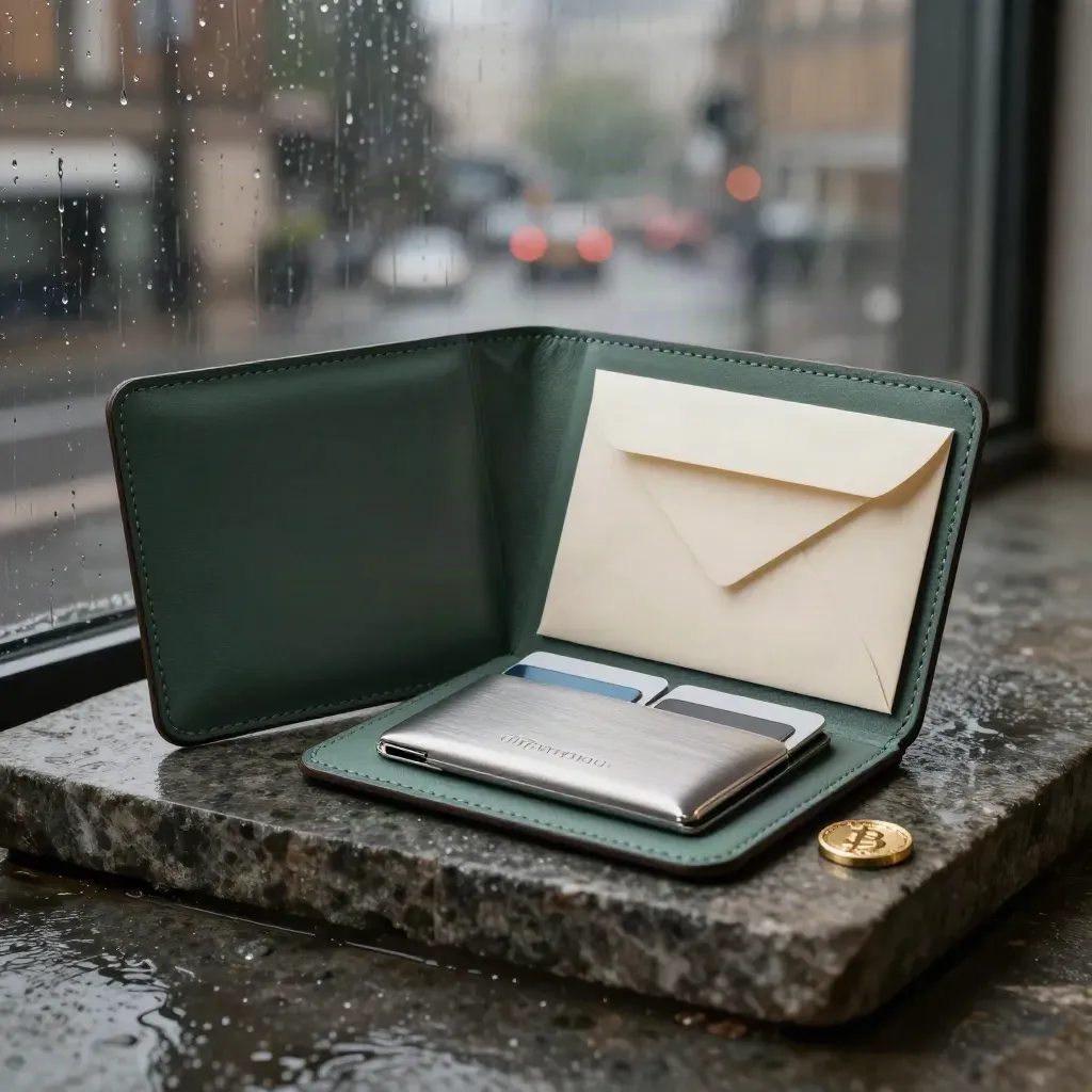 Leather Bitcoin starter pack folio with hardware wallet, brass token and cream envelope on wet stone.