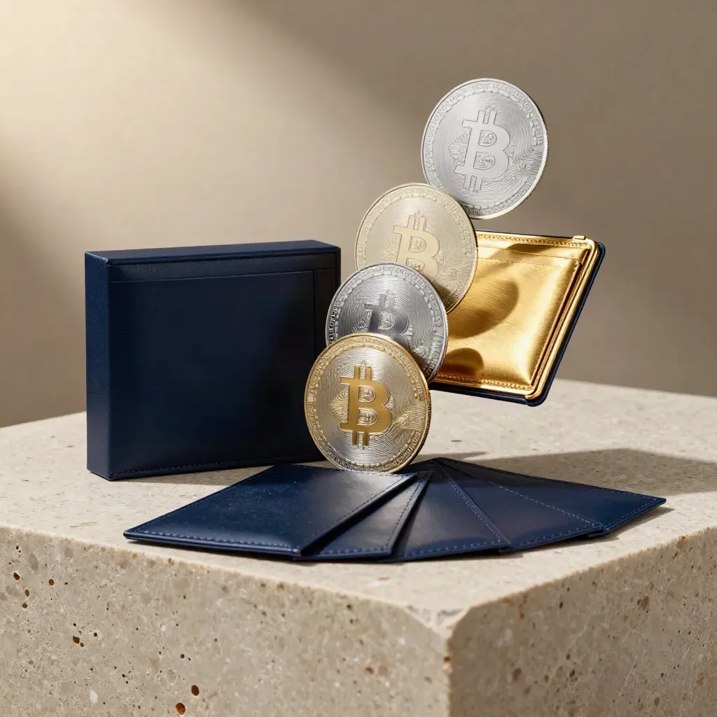 Open bitcoin review package with gold wallet, silver discs and navy block on stone