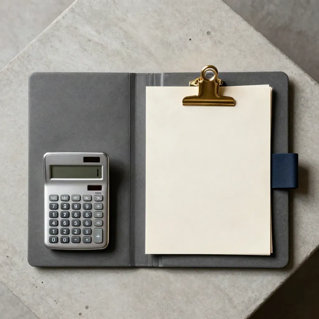 Overhead flatlay of graphite folder, silver block and brass clip on concrete with navy accent.