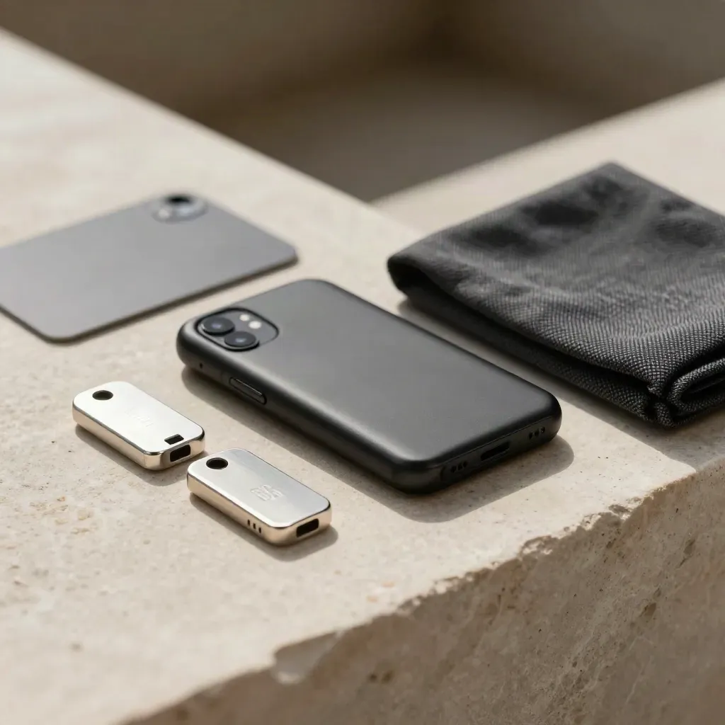 Hardware wallet, silver backup pieces and cloth pouch on a pale stone ledge with soft haze