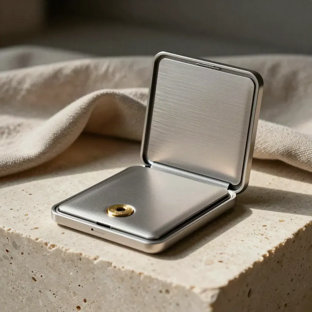 Open premium crypto kit on travertine with silver device and brass token