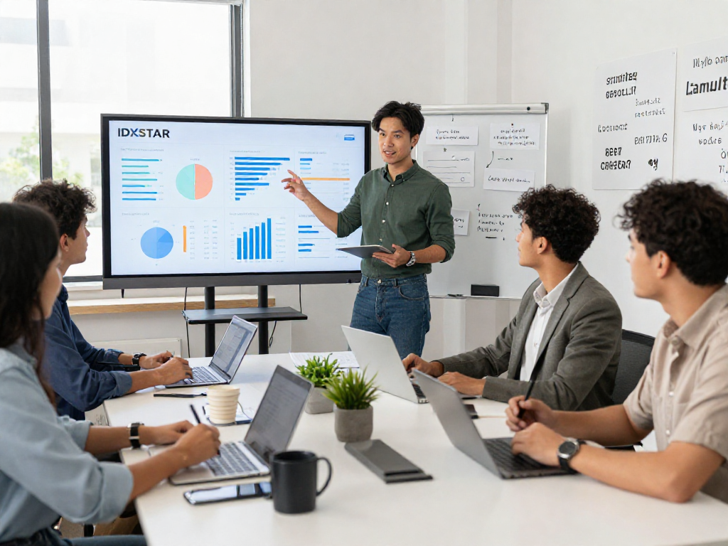 Team collaborating in a modern office showcasing IDXSTAR performance metrics on a large screen.